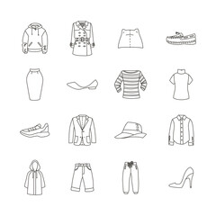 Set of spring clothing icons. etc. Trench, jacket, blazer, hoodie, hat, shoes, sneakers etc.  Vector 10 EPS.