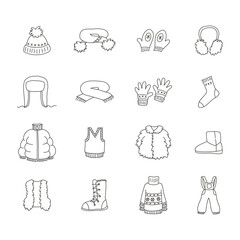 Set of winter clothing icons. Doodle illustrations of warm clothes isolated on a white background. Scarfs, hats, mittens, coats, jackets, boots etc. Vector 10 EPS.