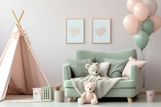 mockup wall art in pastel pink and green kids room or nursery with soft plush furnishings