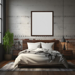 Mockup white empty poster frame on wall in rustic and dark bedroom, white mockup poster, industrial interior style