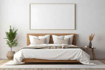 Mockup white empty poster frame on wall in modern and cozy bedroom, white mockup poster, scandinavian interior style