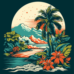 Fototapeta na wymiar Tropical island with palm trees, t-shirt design, vector illustration.