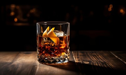 old - fashioned cocktail on a dark wooden bar - obrazy, fototapety, plakaty