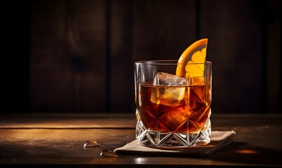 old - fashioned cocktail on a dark wooden bar