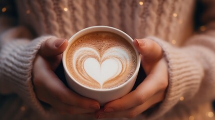 cup of coffee with heart-shaped foam holding woman hands.Close-up. Romantic atmosphere. Romantic date. Love, valentine's day