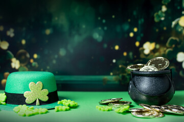 Cauldron, Shamrocks and green hat against green background.