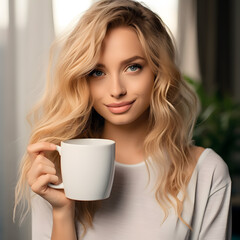 Beautiful attractive women holding a white mug 
