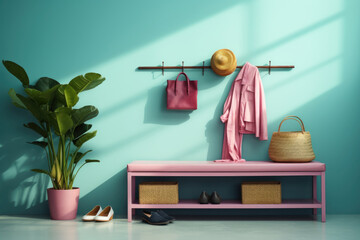 Minimalist women's closet with pink and blue pastel colors.