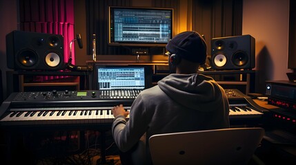 a music producer is making a song in the recording studio