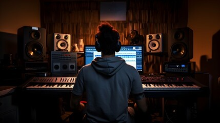 a music producer is making a song in the recording studio