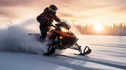 Fotobehang Active fast driving snowmobile on snow covered track © Pascal