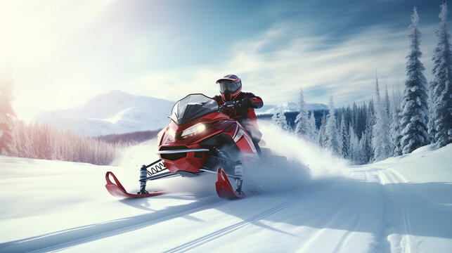 Active fast driving snowmobile on snow covered track