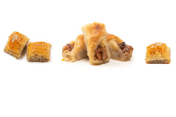 Delicious sweet baklava with walnuts isolated on white background.