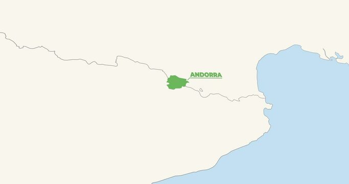 World Map Zoom In To Andorra. Animation in 4K Video. Green Andorra Territory On Blue and White World Map