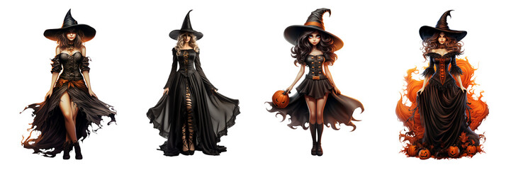 Set of Halloween beautiful witches in a black dress with flame water isolated on a transparent or white background - obrazy, fototapety, plakaty