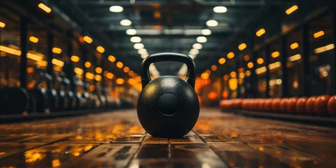 Foto op Plexiglas Gym essentials set the scene for a focused workout with a black kettlebell and headphones. © sopiangraphics