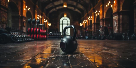 Gordijnen Black kettlebell and earphones await an intense gym session on a dark floor. © sopiangraphics