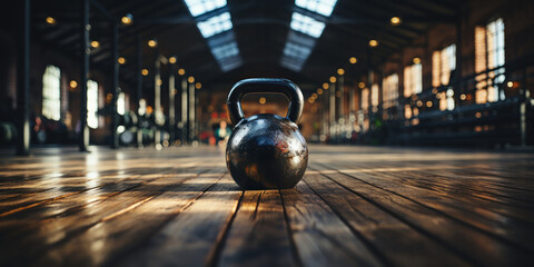 Gym essentials set the scene for a focused workout with a black kettlebell and headphones. - obrazy, fototapety, plakaty