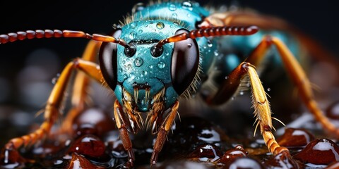 Macro shot reveals the intricate detail of a wasp, highlighting its vivid blue eyes.
