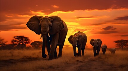 Fototapeta na wymiar Family of elephants walking through the savana at sunset