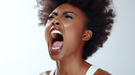 black woman is yelling with a fully open mouth