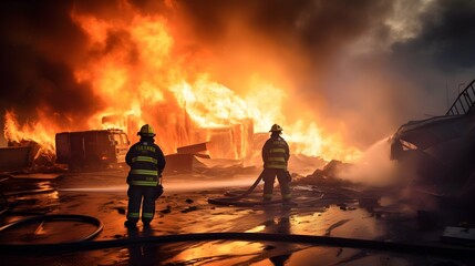 Firefighters work to extinguish fire explode accident - obrazy, fototapety, plakaty