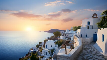 Fototapeta na wymiar Greek island village, white and blue architecture, winding narrow lanes, sunset over the ocean