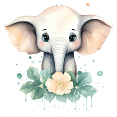Cute Elephant With Flowers Watercolor Clipart Illustration