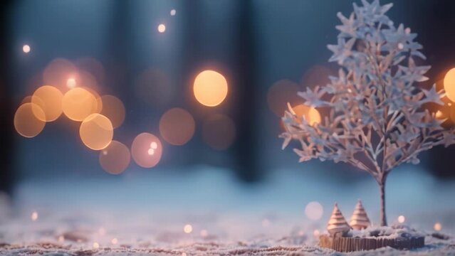 Snow falling and small tree focus white tree and lights Background. Christmas background. Merry christmas