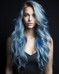 Portrait of a beautiful young woman with blue wavy long hair