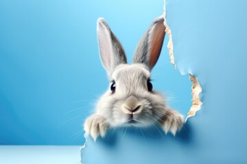 cute bunny rabbit peeking out of a hole in a blue wall