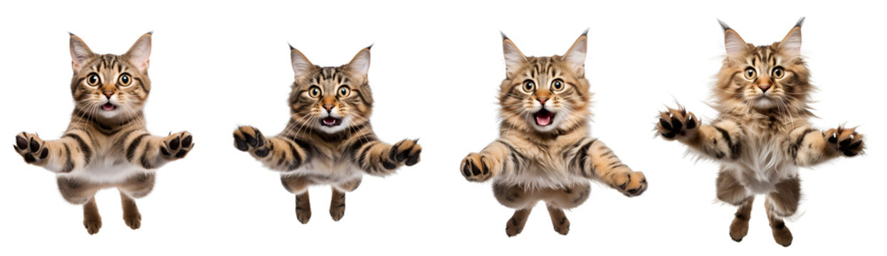 Set of Flying or Jumping Cat, Illustrations from Side and Front Aspects, Isolated on Transparent Background, PNG