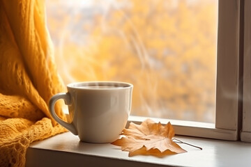 Cup Warm Coffee and Yellow Autumn Leaves by the Window. Fall Season and Home Cozy Concept. Vintage style