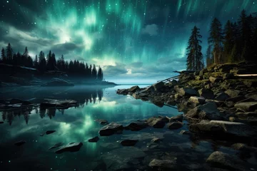 Foto auf Glas landscape with northern lights over a lake © Rafa