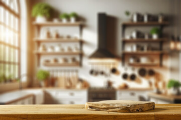 Wooden board with wooden pedestal and free space for your decoration. Kitchen interior with shelfs. Sun natural light and shadows. Mockup place for your products.  - 692518566