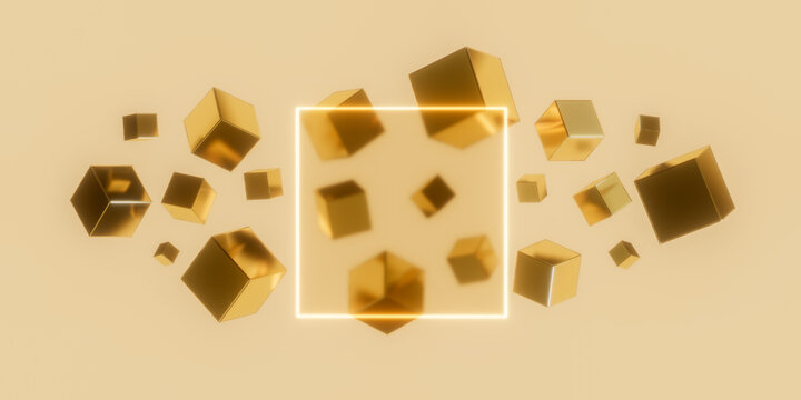 Golden 3d cubes with Square neon lighting on yellow background, 3d render