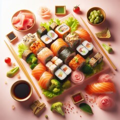 Fototapeta na wymiar sushi and chopsticks on pink