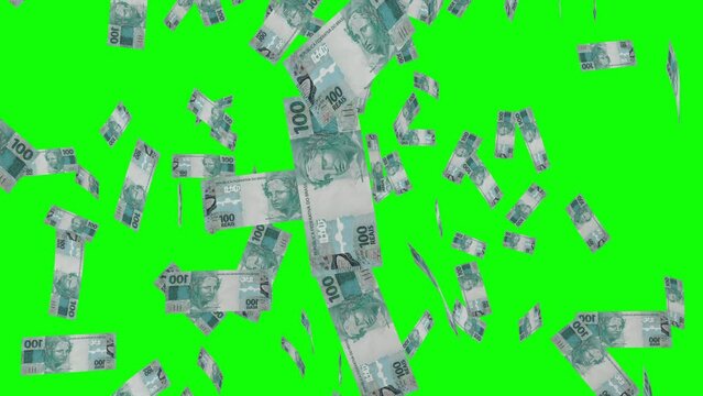 100 BRAZILIAN REAL notes falling Green screen