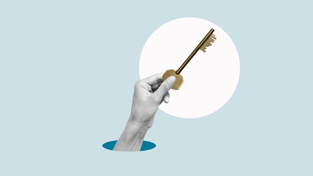 Secret to success. Collage with human hand holding golden key. Abstract business concept to solve problem, find solution, get success or find key strategy