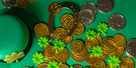 Green St. Patrick day background. Holiday greeting card. Saint Patrick day symbols.