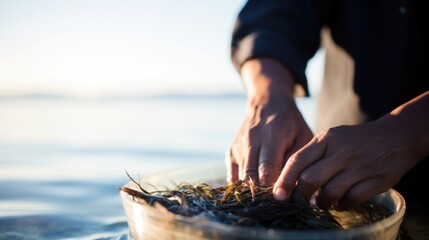 Close-up of hands collecting seaweed, with a clear blue ocean horizon in the background