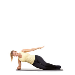 Woman, pilates or mat in studio for stretching, fitness or workout for healthy body, wellness or core muscle. Person, portrait or happy on floor for abdomen health on mockup space or white background