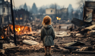 Little girl standing alone amidst the devastation of a burnt neighborhood, looking at the ruins and destroyed homes - obrazy, fototapety, plakaty