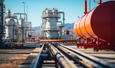 Obraz premium Industrial landscape: Detailed view of gas and chemical plant infrastructure with storage tanks, pipelines, and modern machinery