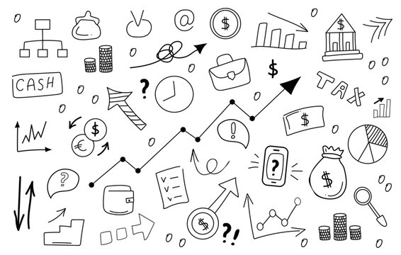  Financial icons vector set. Money, business, finance and charts, infographics, money and goal, communication and success. Vector illustration. Isolated linear hand drawn doodles.