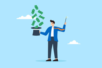 Financial wizard make money with magic wand and hat in flat design