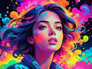 bold neon colors, anime style illustration of a young girl