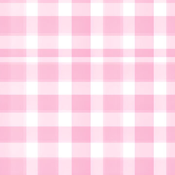Seamless diagonal gingham plaid pattern in pastel rosy and white. Contemporary light barbiecore striped checker fashion background texture. 