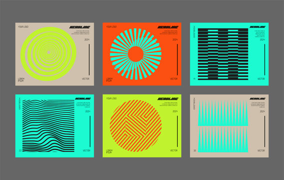 Minimal Bauhaus Abstract Posters Set. Swiss Design composition with geometric shapes. Optical Illusion Background.