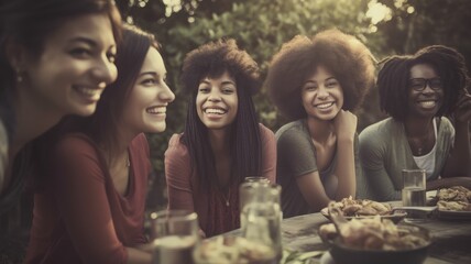 group of cheerful friends having outdoor breakfast